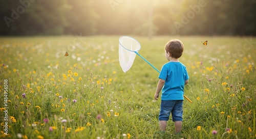 Young boy catching butterflies with a net in a sunny meadow  