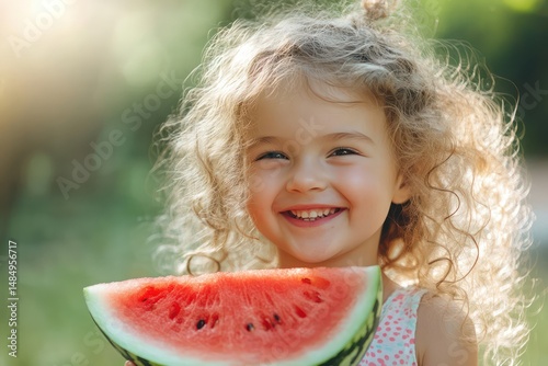 Joyful girl smiling with watermelon slice on sunny day