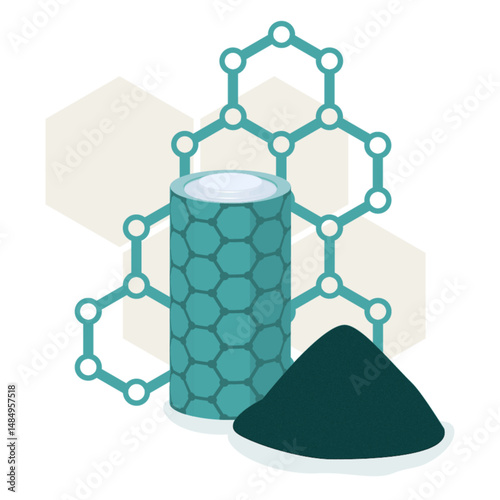 Future technology, graphene batteries, with a pile of graphene nanoplatelets on the side.
