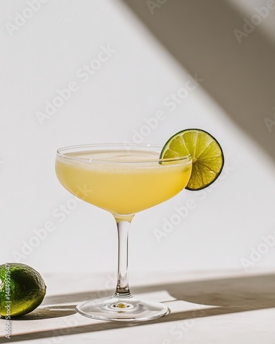 Refreshing yellow cocktail in coupe glass, garnished with lime