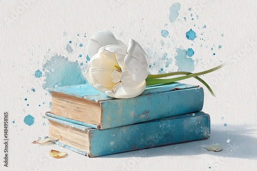 Delicate white tulip rests gently on aged blue books.