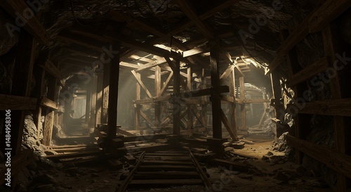Underground Mine Shaft with Timber Supports and Railway Tracks