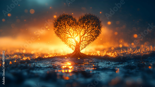Heart-shaped tree glowing at sunset, surrounded by magical bokeh