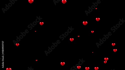 Flying red hearts animation on black background