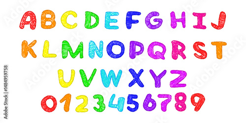 vector crayon font drawing set. Cartoon color clip art isolated on transparent background. Hand drown design element. 