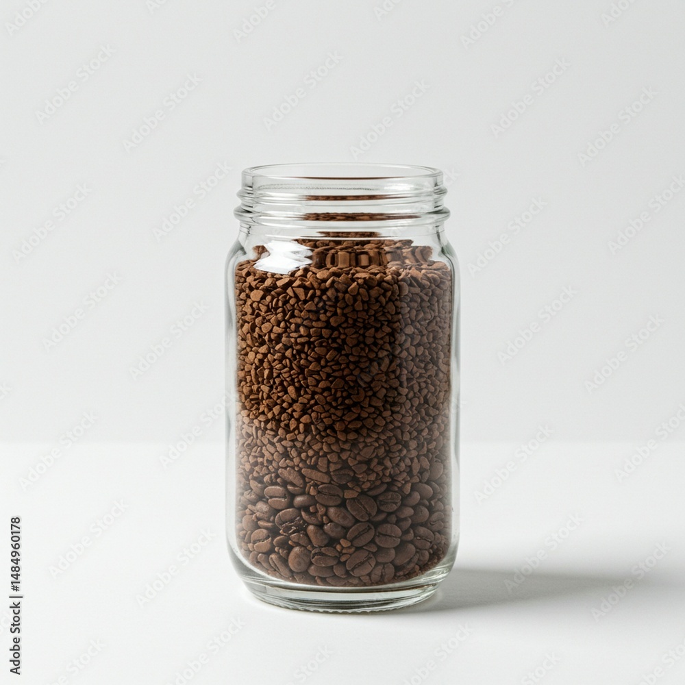 Instant Coffee Granules and Coffee Beans in a Glass Jar A Detailed Close-Up Shot Instant Coffee Granules and Coffee Beans in a Glass Jar A Detailed Close-Up Shot