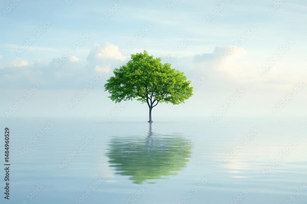 Solitary green tree floating on calm reflective water