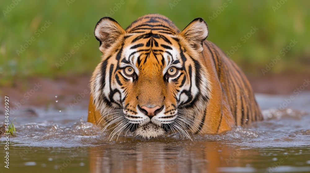 Fototapeta premium Majestic Tiger Emerging from Water in Natural Habitat