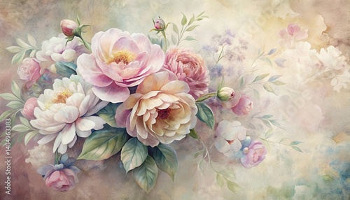 Softly colored watercolor flowers with lush petals and green leaves on a pastel background, creating a romantic and elegant floral composition.