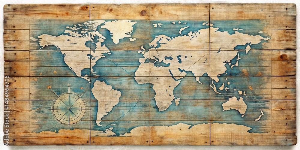 Obraz premium Distressed wooden plank with a worn, faded nautical chart of the open ocean , antique, ocean, antique