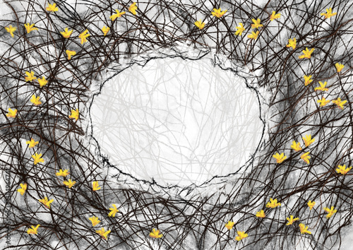 Background with a place for text or lettering. For a postcard, invitation or advertisement. Drawing in gothic dark style. Black bush branches and yellow flowers in early spring