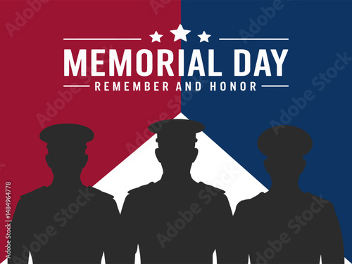 Special Memorial Day Tribute with Silhouettes of Soldiers in Uniform Against Patriotic Red White and Blue Background