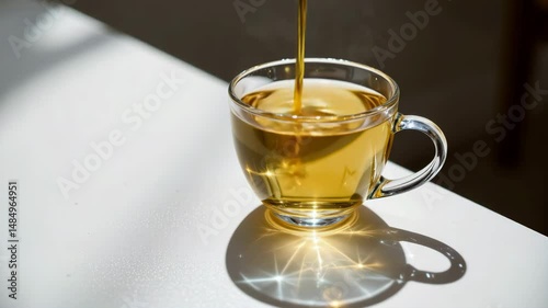 A clear glass cup filled with golden herbal tea sits on a white surface, reflecting sunlight and casting a distinct shadow.