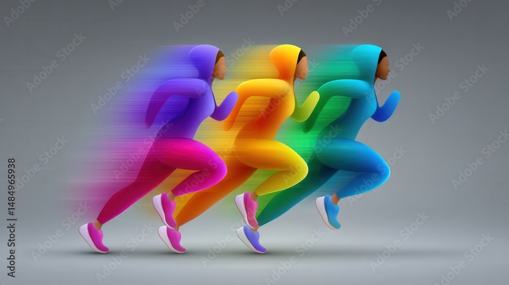 Obraz premium Diverse athletes in motion representing vibrancy and speed captured in a dramatic stylistic manner showcasing empowerment and dedication to fitness reflecting high energy