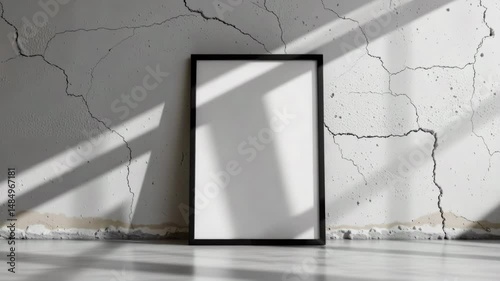 A blank, black-framed picture leaning against a cracked, textured white wall with natural light casting shadows.