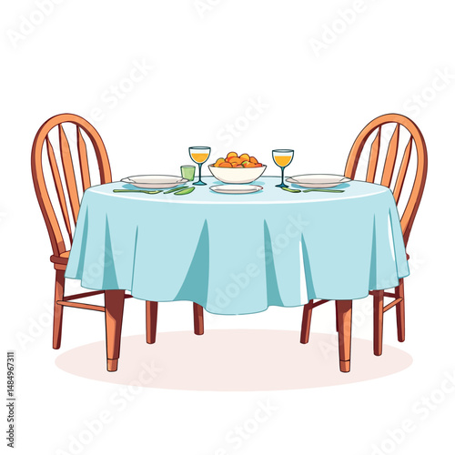 Vsai round dining table with light blue tablecloth, two chairs and fruit bowl is ready for romantic dinner