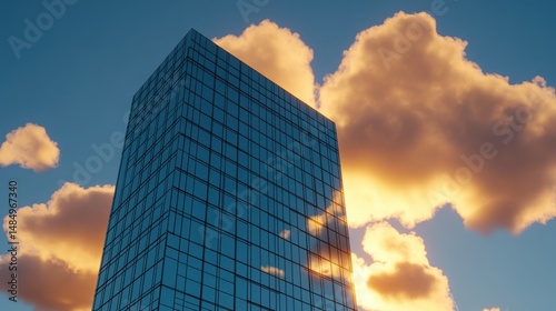 Modern Glass Building at Sunset with Dramatic Cloud Formation