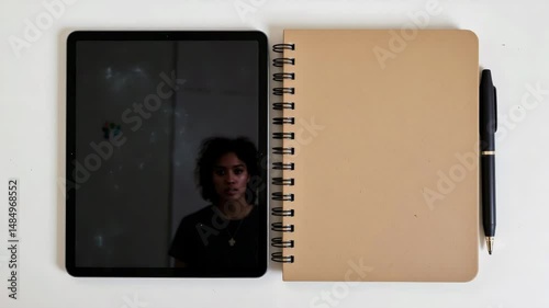A tablet, a beige spiral notebook, and a black pen are neatly arranged on a white surface, emphasizing workspace essentials.