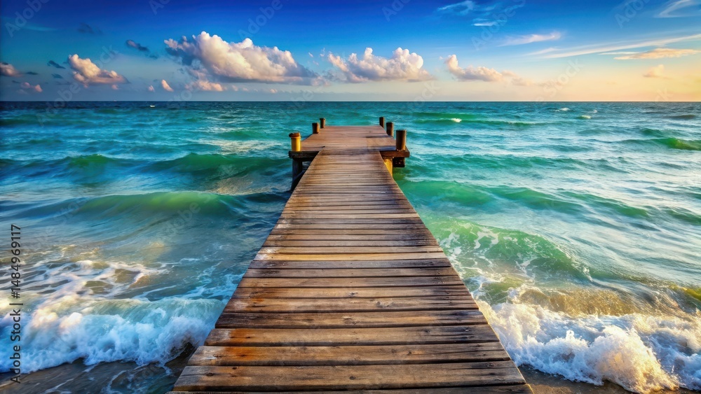 Obraz premium Serene ocean waves gently lapping against a weathered wooden dock, calm, natural, calm, natural, blue, waves, water, peaceful