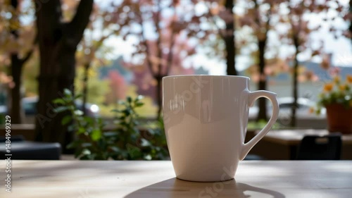 A white ceramic mug sits on an outdoor table with a blurred background of trees and autumn foliage.