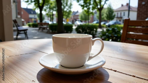 A white coffee cup on a saucer sits on a wooden outdoor café table in a calm, sunny street setting.