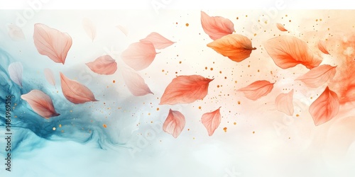 Watercolor painting of falling autumn leaves with gold specks and blue swirls