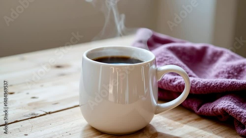 A steaming cup of black coffee sits on a wooden table next to a cozy pink blanket.