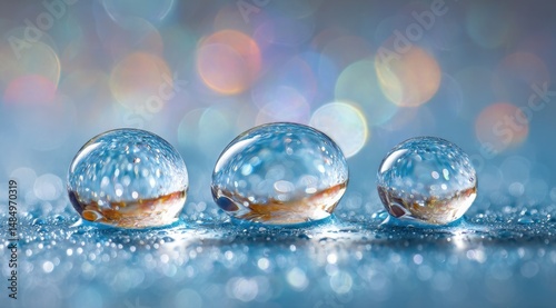 Three glistening water droplets, reflecting a bokeh background