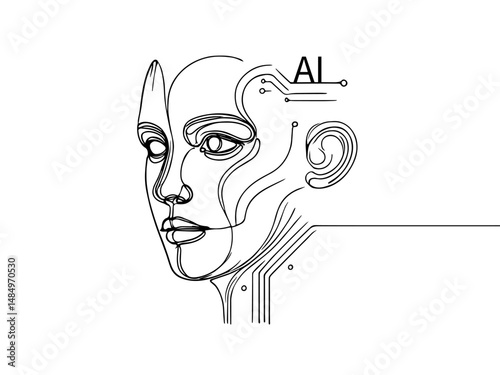 Linear robot head. Continuous line drawing head artificial intelligence technology brain. Vector illustration isolated on white.