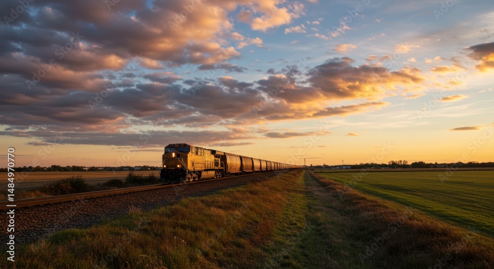 Fototapeta premium Freight train at sunset conveying transportation and logistics across rural landscape