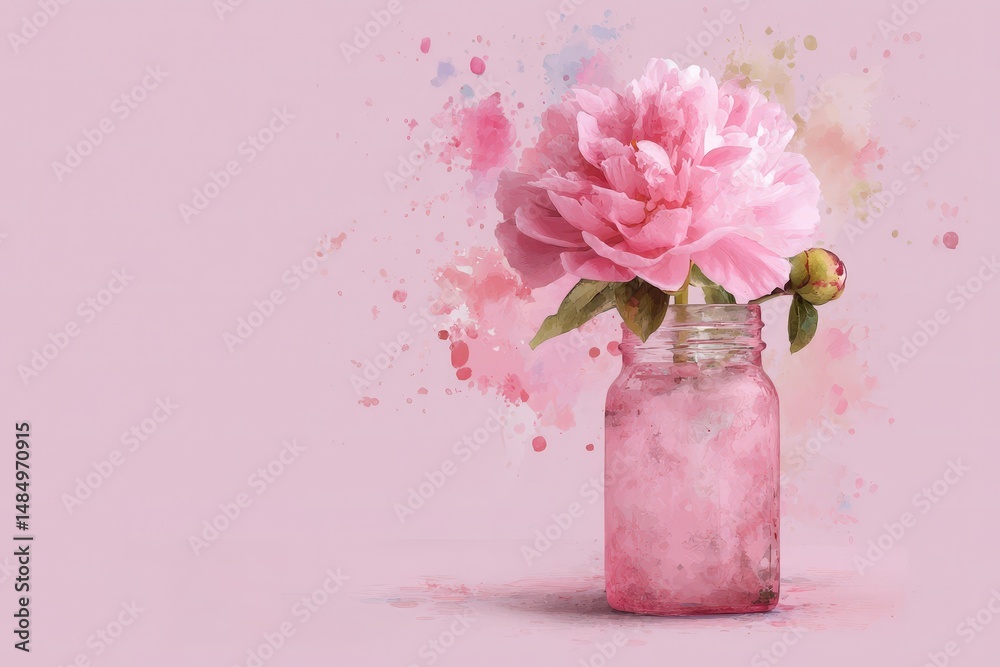 Delicate pink peony in a glass jar with watercolor splashes. Delicate pink peony in a glass jar with watercolor splashes.