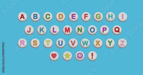 Rainbow alphabet beads vector typography. Cute round colorful 3D uppercase letters and icons on graphic white beads illustration. Playful ABCs, heart, smiley face, and star symbols. Isolated elements.