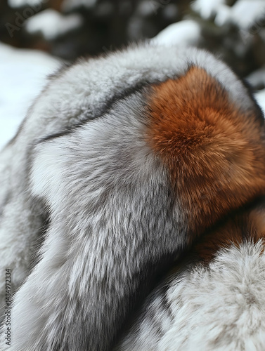 Close-up of luxurious, grey and russet fur, possibly fox, draped and textured, set against a blurred snowy backdrop