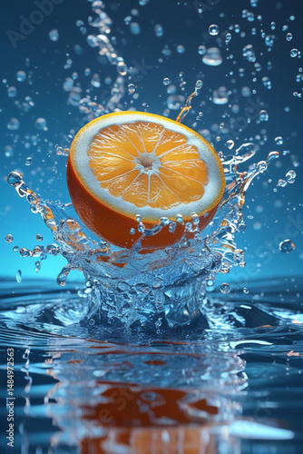 AI Generative. Sliced Oranges Splashing into Clear Water with Gradient Blue Background. 8
