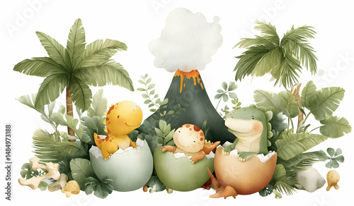Fototapeta Naklejka Na Ścianę i Meble -  Playful baby dinosaurs hatching from eggs in a lush jungle with a volcano and tropical plants