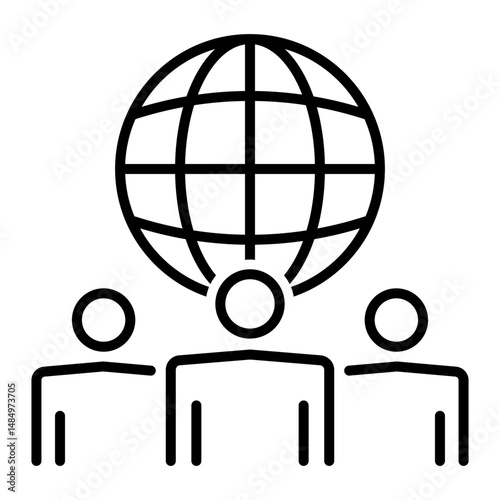 Three people standing in front of a globe icon, representing cultural diversity and global unity. Symbolizes inclusion, multiculturalism, community, and international cooperation