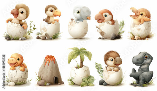 Cute cartoon baby dinosaurs hatching from eggs in a whimsical setting with plants and a volcano