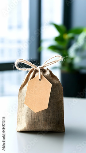 A small, rustic burlap sack tied with twine, featuring a blank hexagonal tag, sits on a table near a window and plant