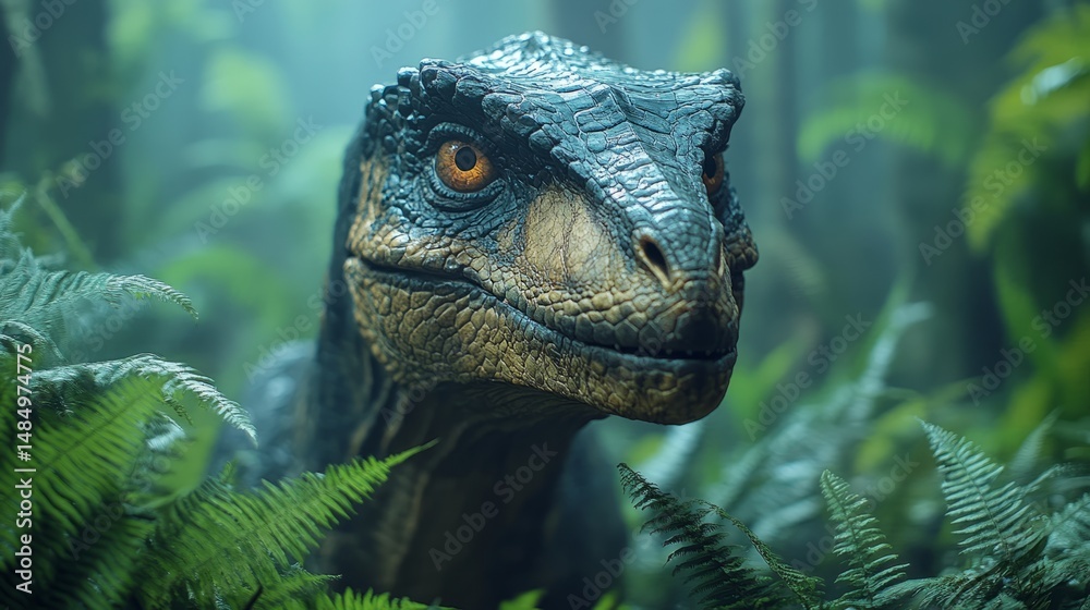 Fototapeta premium A striking dinosaur stands among ferns in a vivid prehistoric forest, embodying ancient wildlife