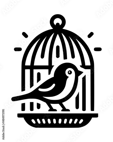 Happy Canary In Birdcage Silhouette Logo Vector
