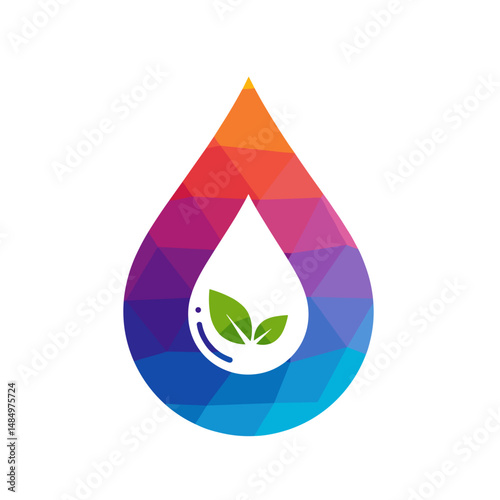 Colorful water drop symbol with green leaves inside  