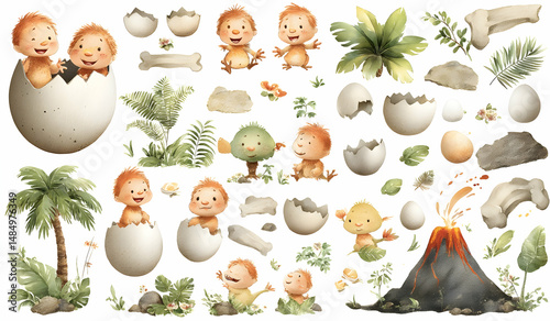 Fototapeta Naklejka Na Ścianę i Meble -  Playful cartoon baby dinosaurs hatching from eggs in a vibrant prehistoric jungle setting