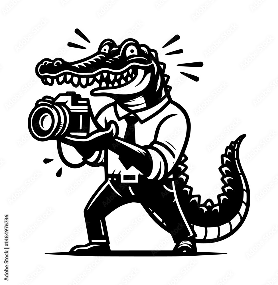 Fototapeta premium Crocodile Photographer Black and White Vector Logo