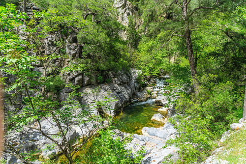 The scenic views of Ahmetler Kanyonu, situated along the River Karpuzçay, a mystical place where sculpted sandstone rocks tower above you and crystalline springs gush from nowhere in Antalya, Turkey