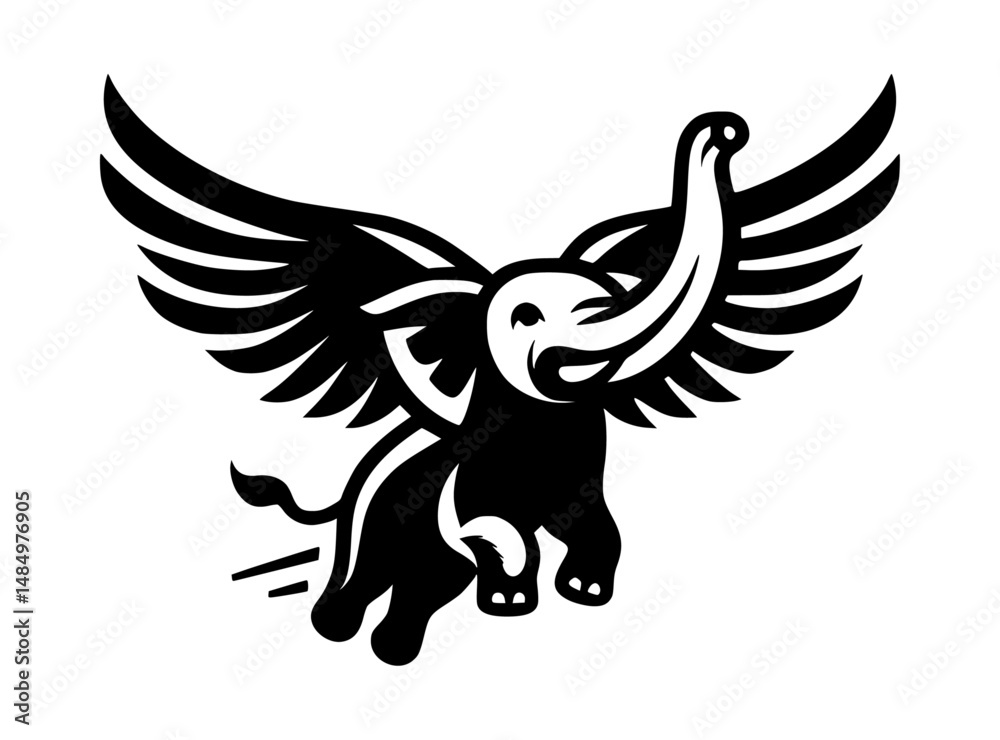 Obraz premium Flying Elephant Silhouette Black Vector Art Icon