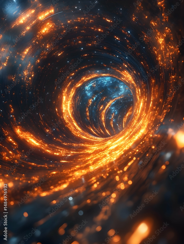 Obraz premium A swirling vortex of fiery orange and cool blue energy, cosmic dust motes illuminating a dark, tunnel-like expanse leading to a distant, ethereal light