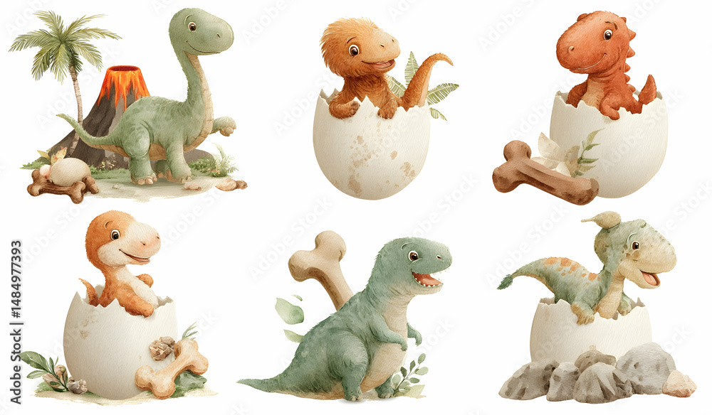 Naklejka premium Playful baby dinosaurs hatching from eggs in a vibrant prehistoric landscape with volcano