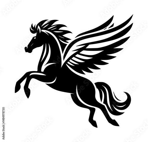Majestic Pegasus Flying Horse Icon Logo Black Vector on White