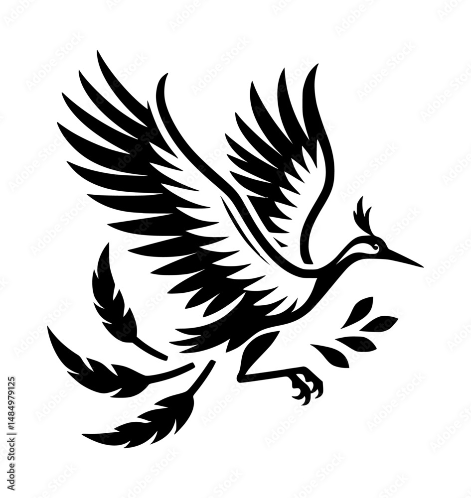 Obraz premium Crane Bird Feathers Silhouette Logo Black Vector on White