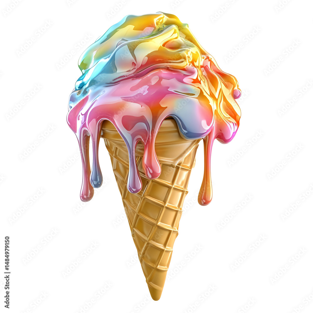 Naklejka premium Melting rainbow ice cream cone isolated on transparent or white background. Generative ai